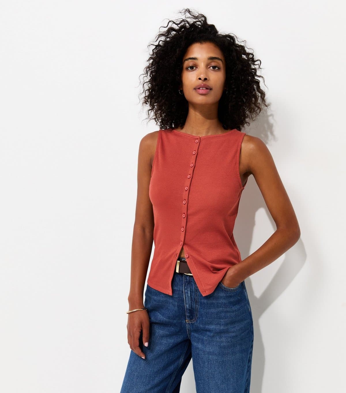 New Look Women's Dark Red Cotton Rich Button Through Tank Top New Look