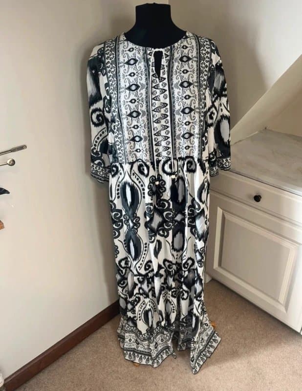 M-Made in Italy Made in Italy Boho Cotton Black White Floral Paisley Print Frill Tie Maxi Summer Dress One Size 8-22