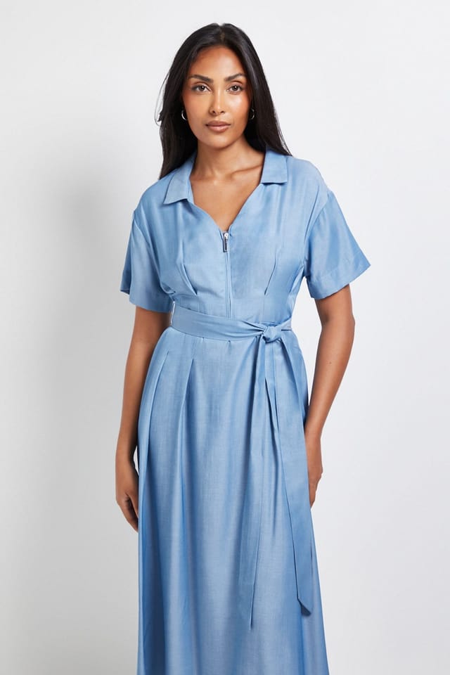 Wallis Wallis Women's Petite Denim Look Zip Belted Midi Dress in Light Wash - 2