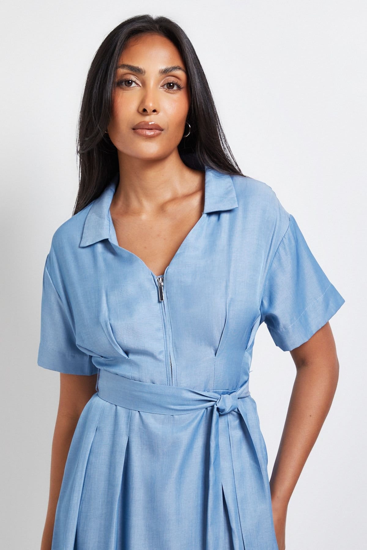 Wallis Wallis Women's Petite Denim Look Zip Belted Midi Dress in Light Wash - 4