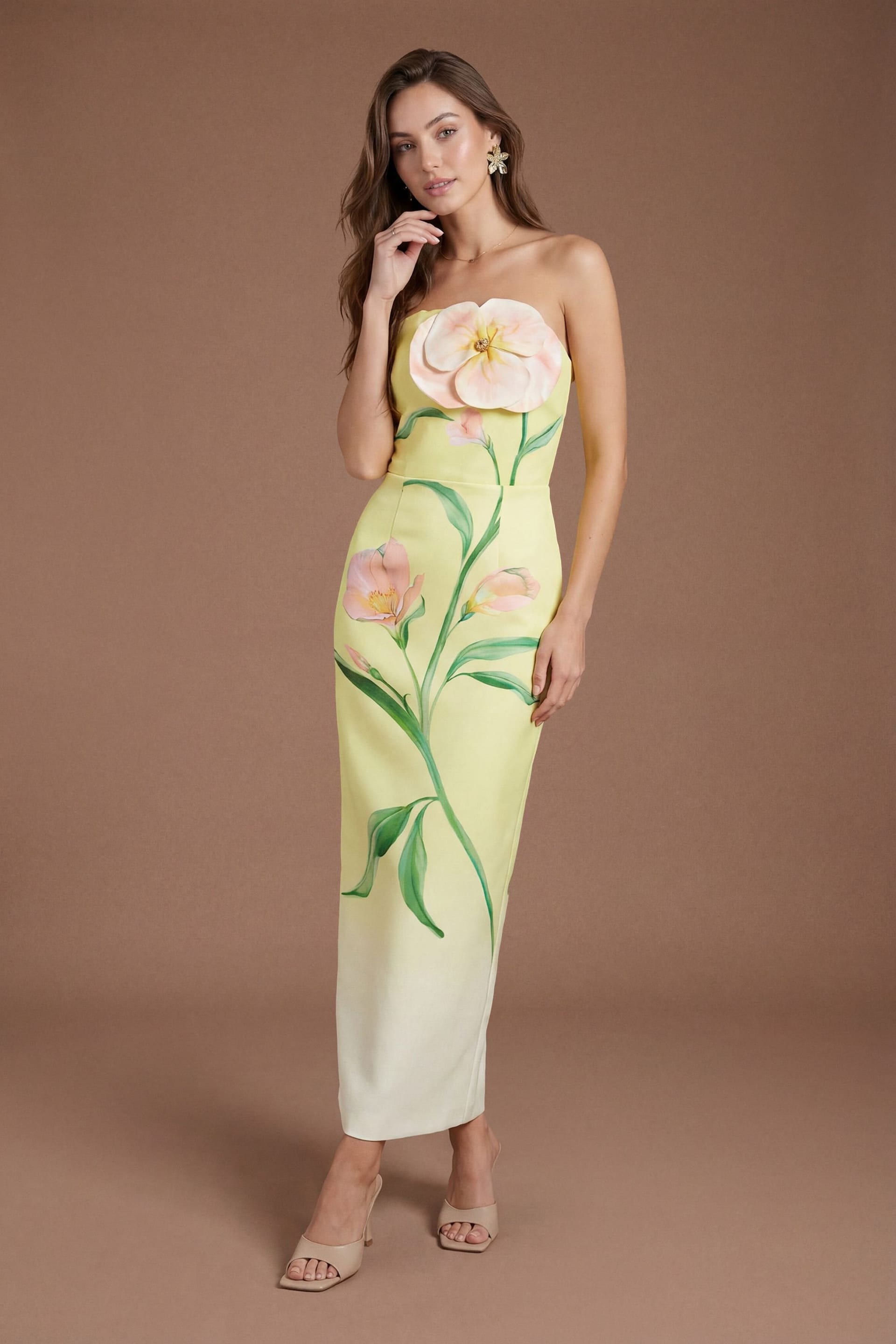 Coast Yellow 3D Flower Printed Pencil Dress