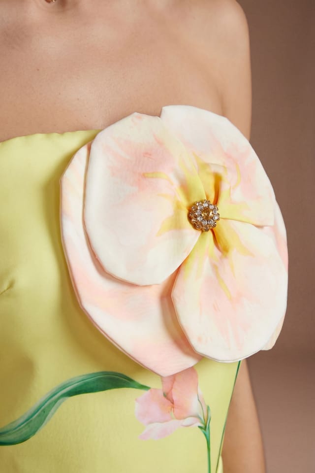 Coast Coast Women's Bandeau 3D Flower Printed Pencil Dress in Yellow - 3