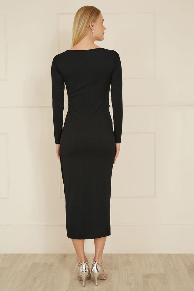 Yumi Yumi Women's Black Midi Fitted Stretch Dress With Knot Detail - 3