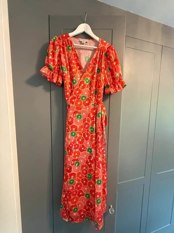Never Fully Dressed Orange Print Wrap Midi Dress