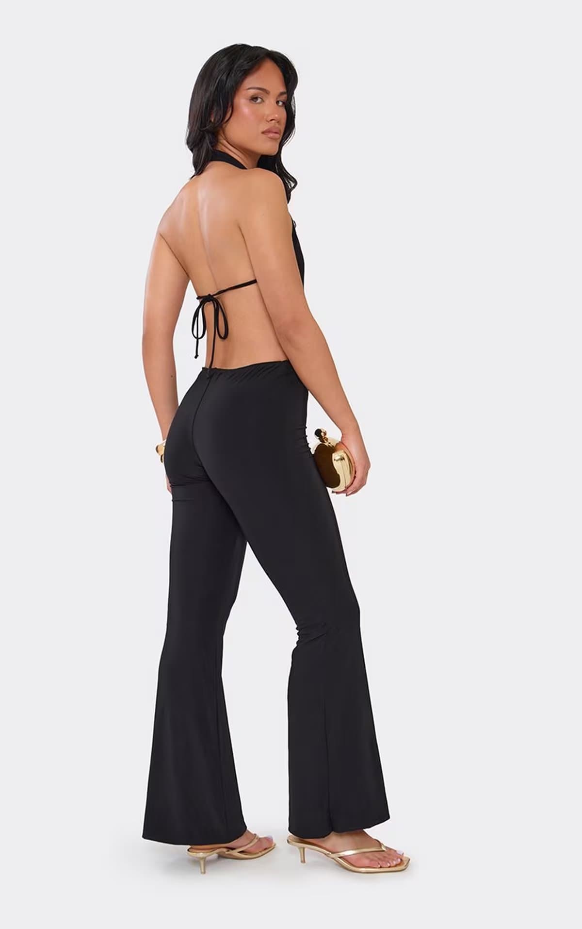 EGO Halterneck Extreme Plunge Front Flared Leg Jumpsuit In Black., Women's Size UK 6