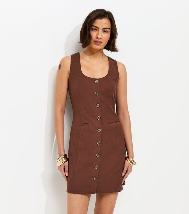 New Look Women's Dark Brown Cotton Button Through Mini Dress New Look - 3