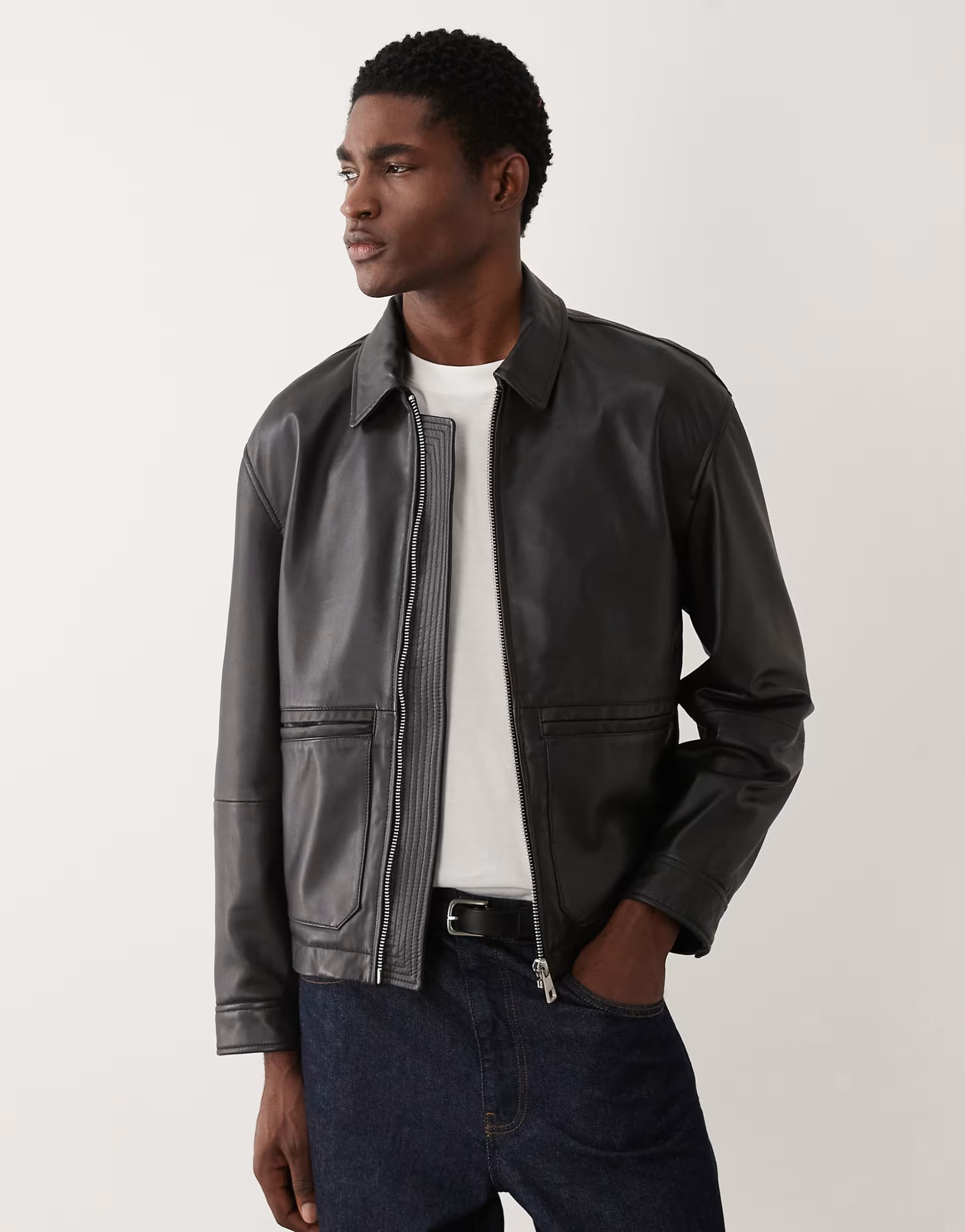 ASOS ASOS DESIGN real leather harrington in black