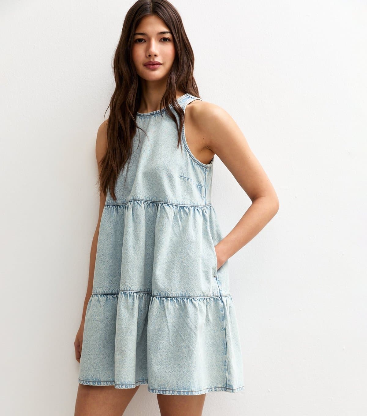 New Look Women's Blue Denim Tiered Smock Mini Dress New Look