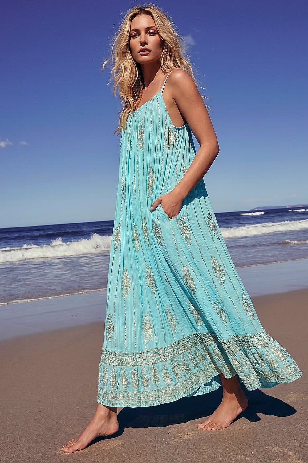 Dusk Dusk Women's Paisley Foil Maxi Dress in Aqua