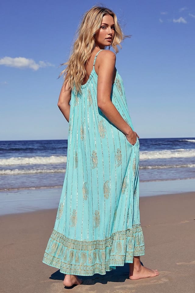 Dusk Dusk Women's Paisley Foil Maxi Dress in Aqua - 3