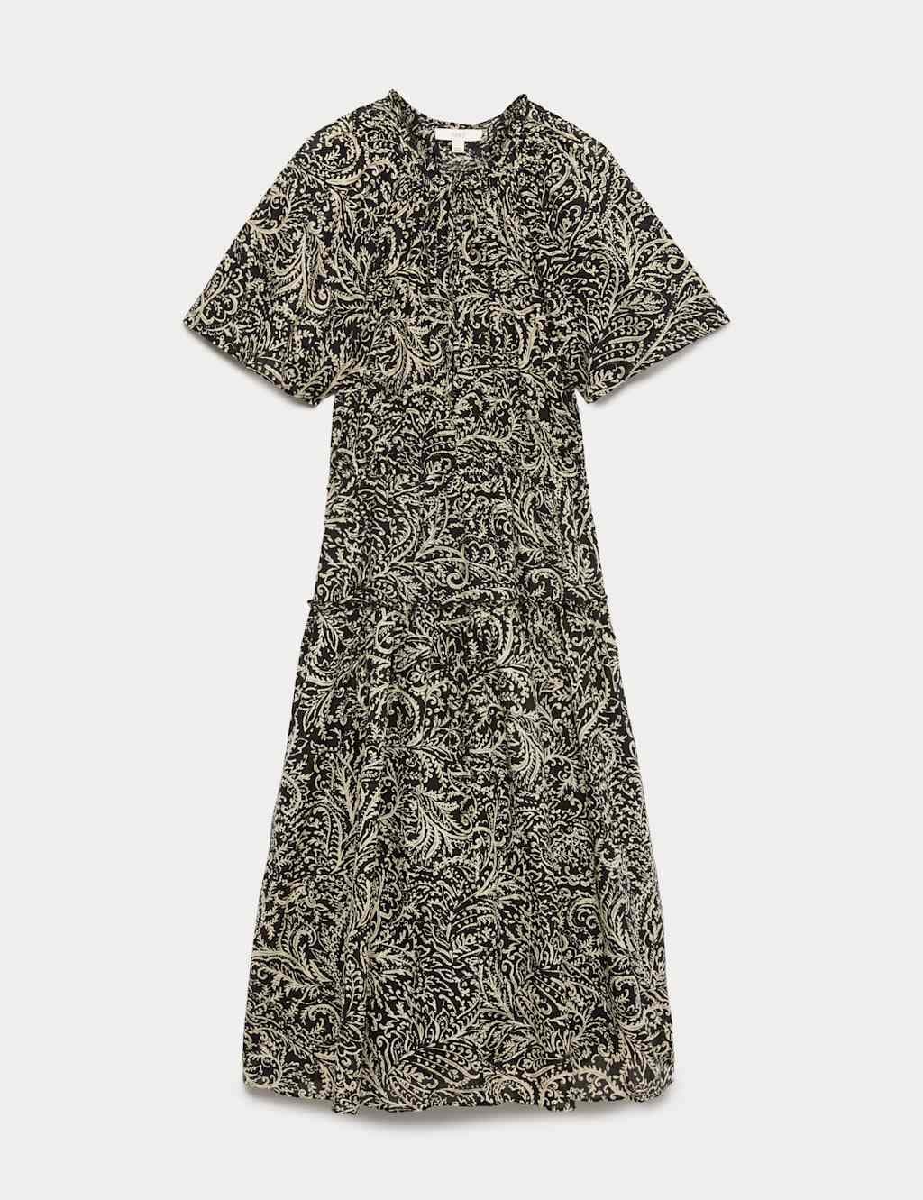 Marks & Spencer M&S Pure Cotton Printed Midi Waisted Dress Black Mix