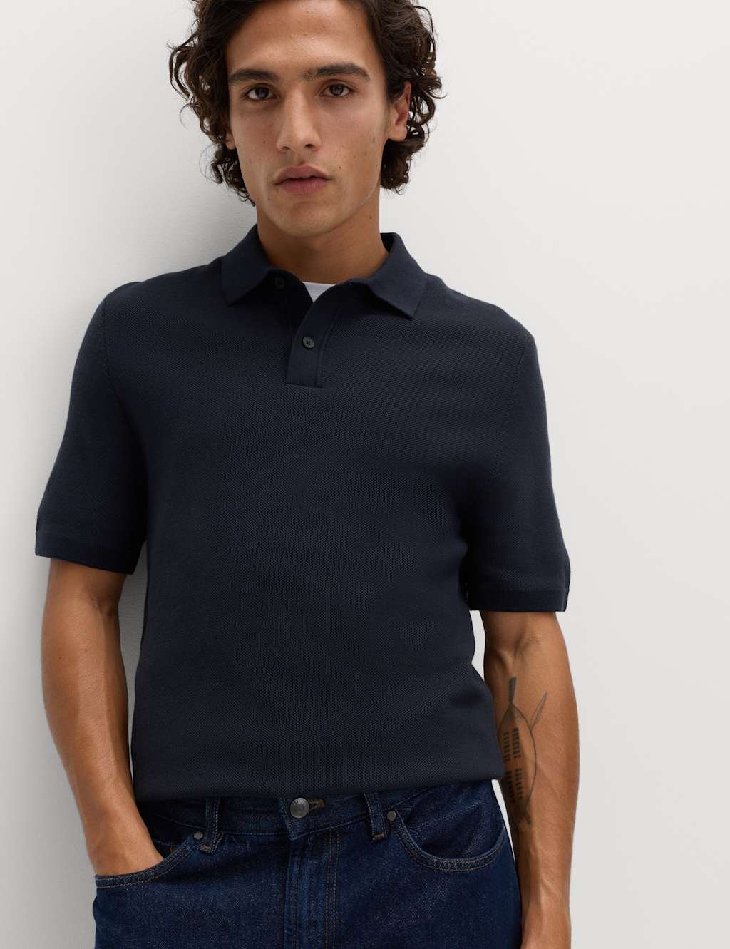 Marks & Spencer M&S Cotton Rich Slim Fit Knitted Polo Shirt Navy - 1