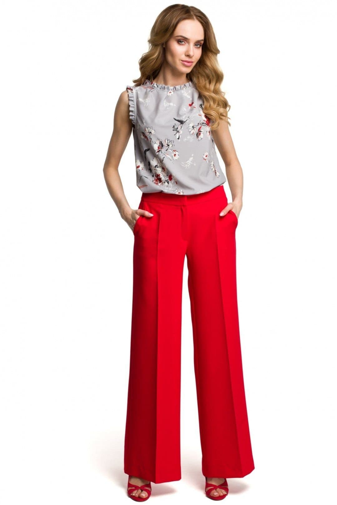 Love Lace Love Lace Women's Wide Leg Trousers with Side Pockets & Front Zip in Red