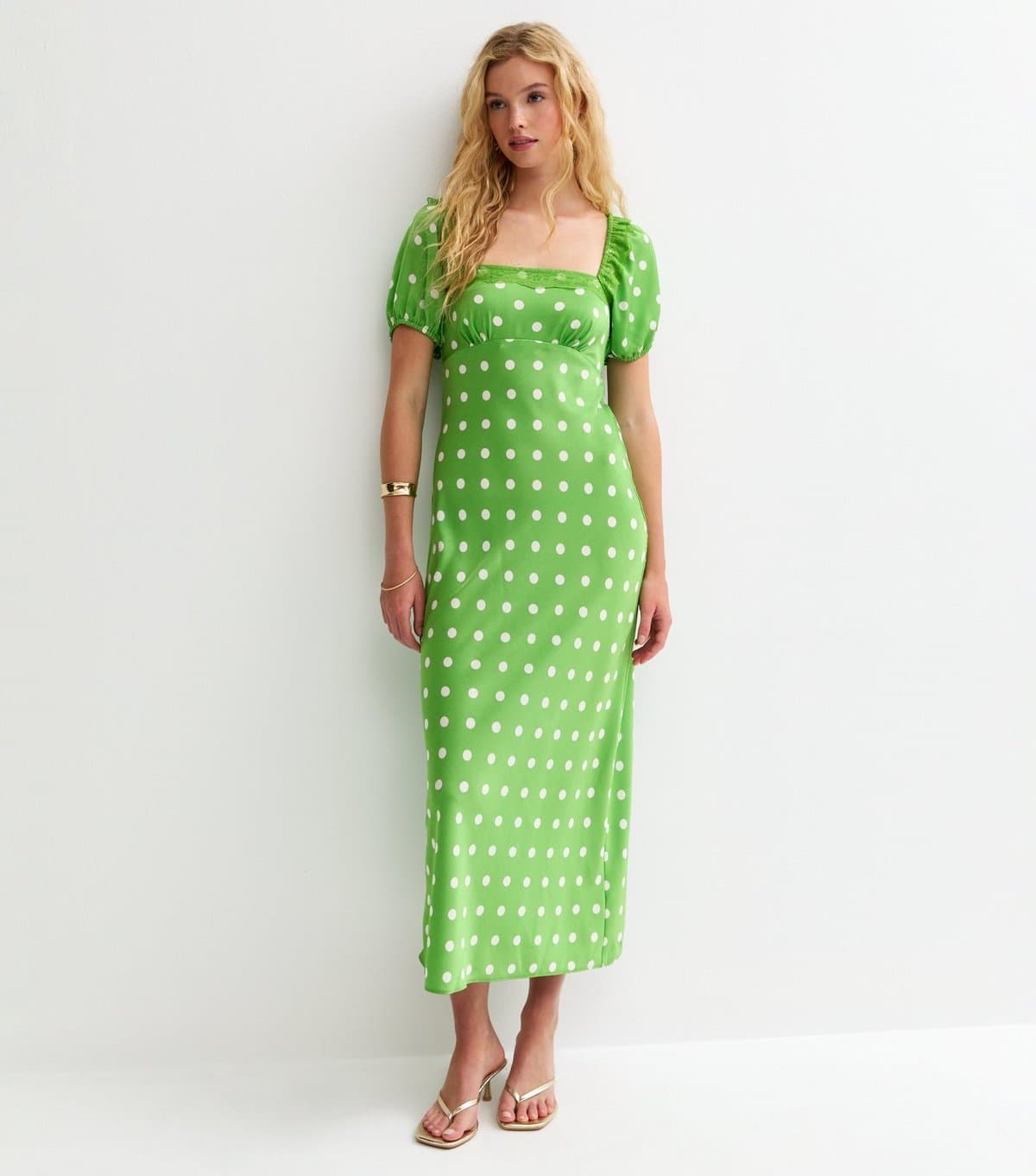 New Look Women's Green Polka Dot Puff Sleeve Midi Dress New Look