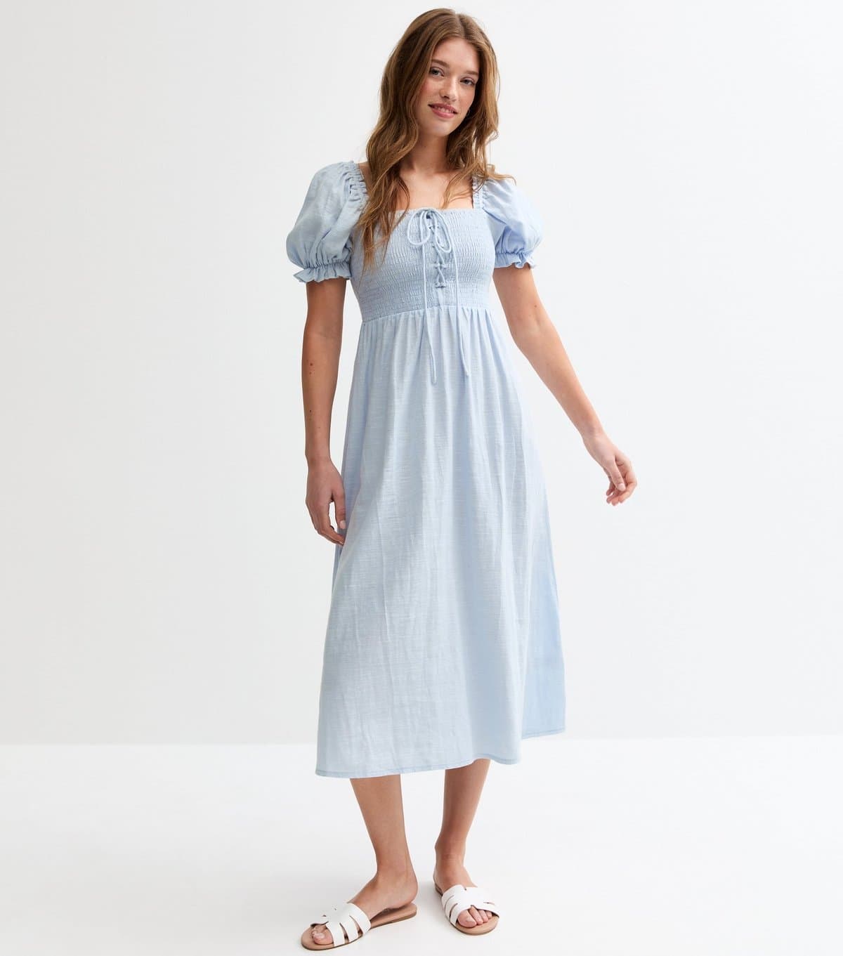 New Look Women's Light Blue Tie Front Shirred Midi Dress New Look