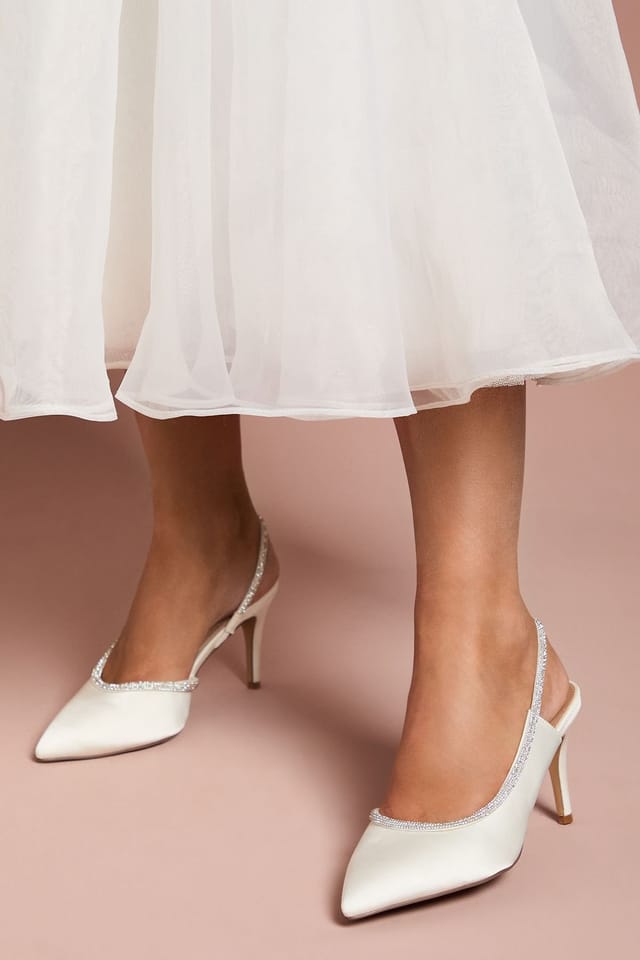 Coast Coast Women's Bridal Wide Fit Sabrina Satin Diamante Trim Slingback High Stiletto Court Shoes in White - 2