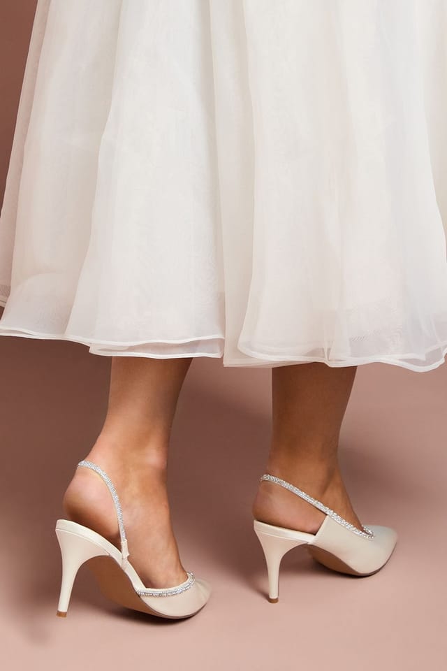 Coast Coast Women's Bridal Wide Fit Sabrina Satin Diamante Trim Slingback High Stiletto Court Shoes in White - 3