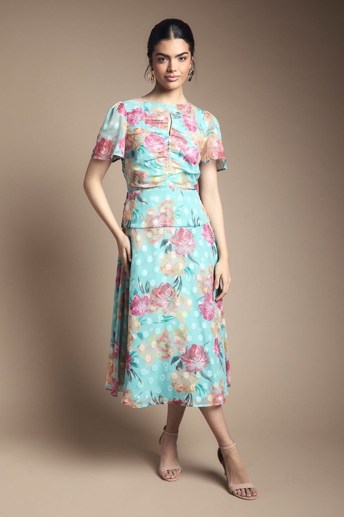 Wallis Women's Floral Polka Dot Burn Out Ruched Midi Dress in Blue