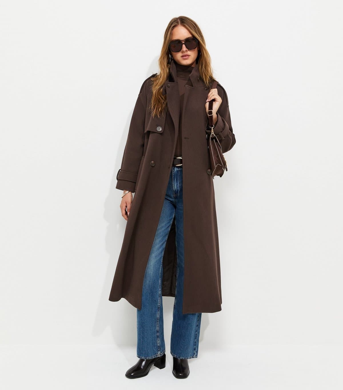 New Look Women's Dark Brown Belted Double Breasted Funnel Neck Coat New Look