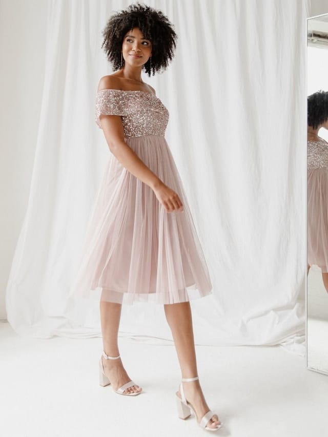 Maya Deluxe Maya Deluxe Women's Bardot Embellished Midi Dress in Light Pink - 2