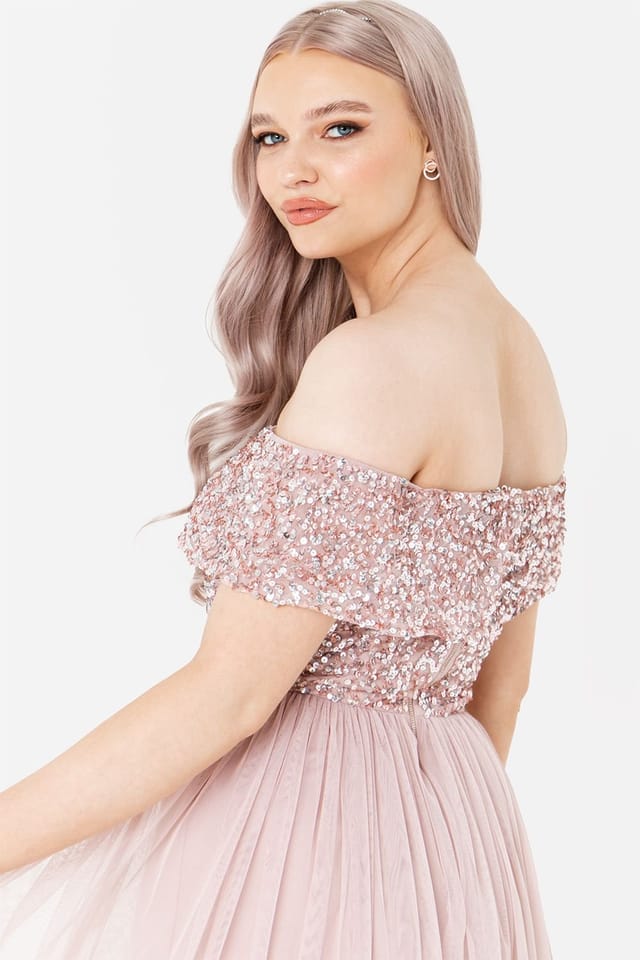 Maya Deluxe Maya Deluxe Women's Bardot Embellished Midi Dress in Light Pink - 3