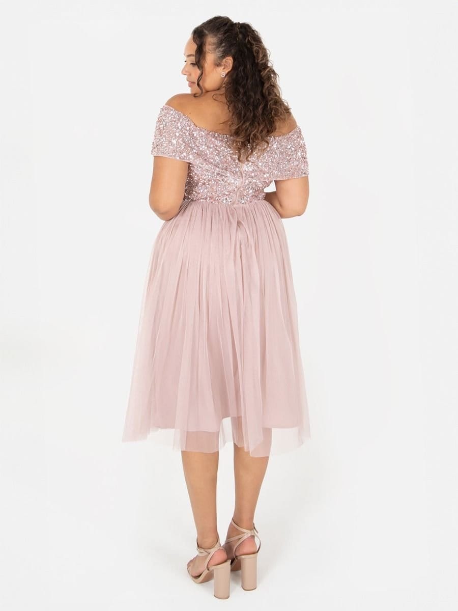 Maya Deluxe Maya Deluxe Women's Bardot Embellished Midi Dress in Light Pink - 4