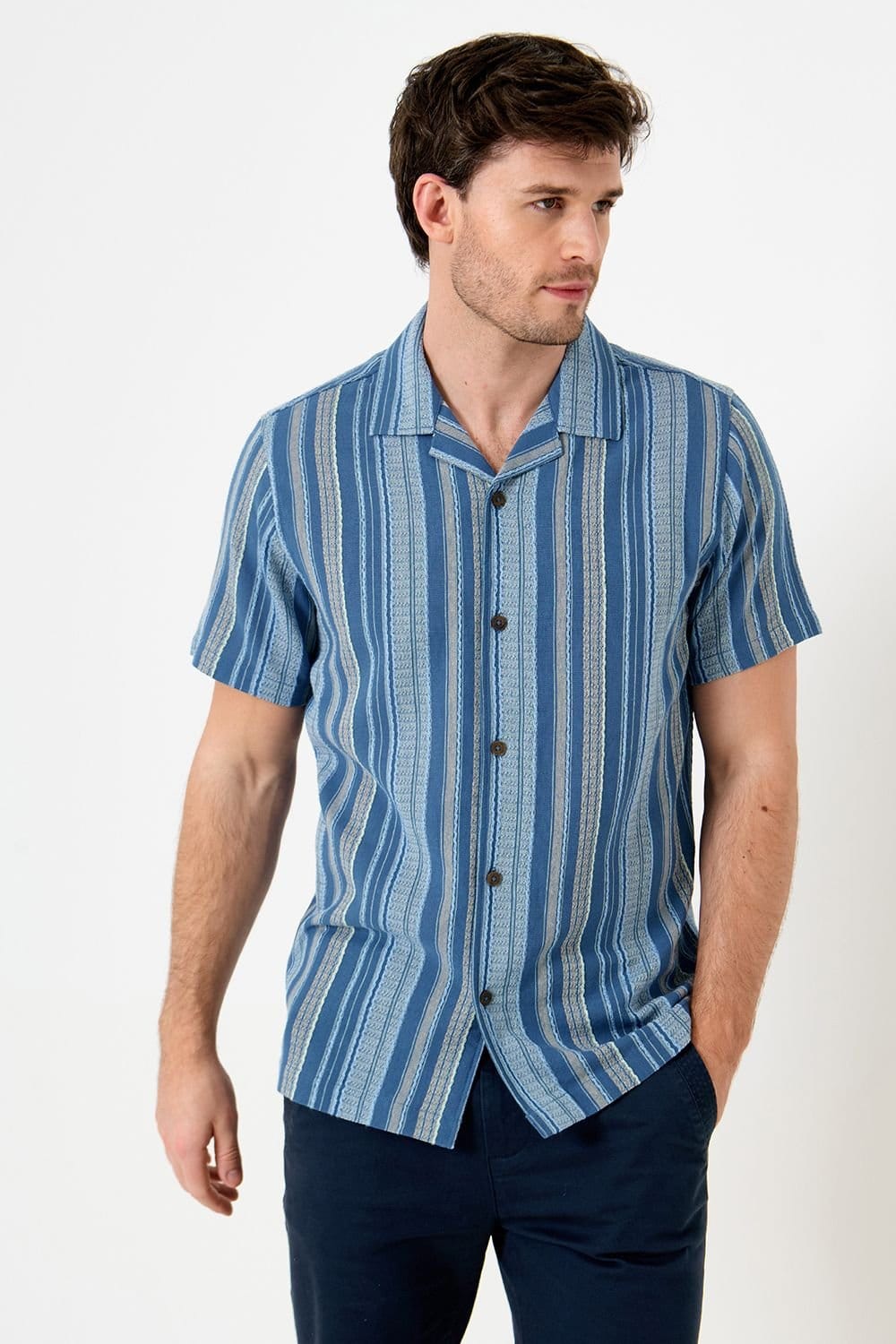 Saltwell Saltwell Men's Textured Stripe Boxy Short Sleeve Shirt in Blue - 4