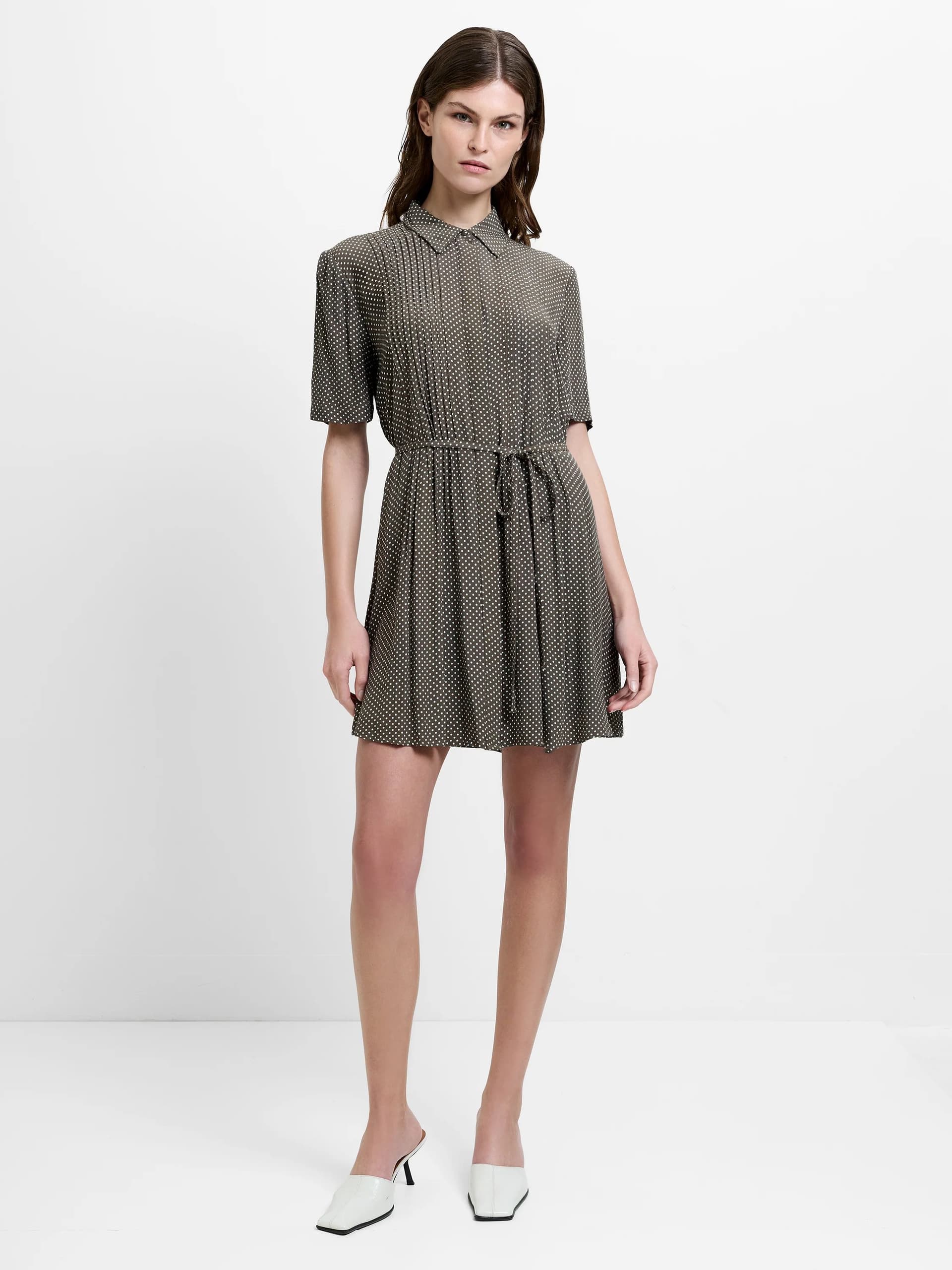 French Connection Pin Spots Eco Lizzy Pleated Mini Dress Khaki Green Pin Spot