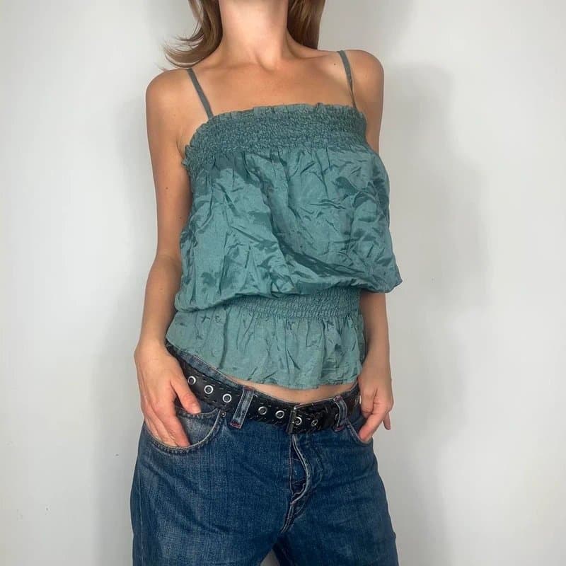 Topshop Mint green satin cami top with elastic straps and ruffle detail #y2kfashion #fairycore