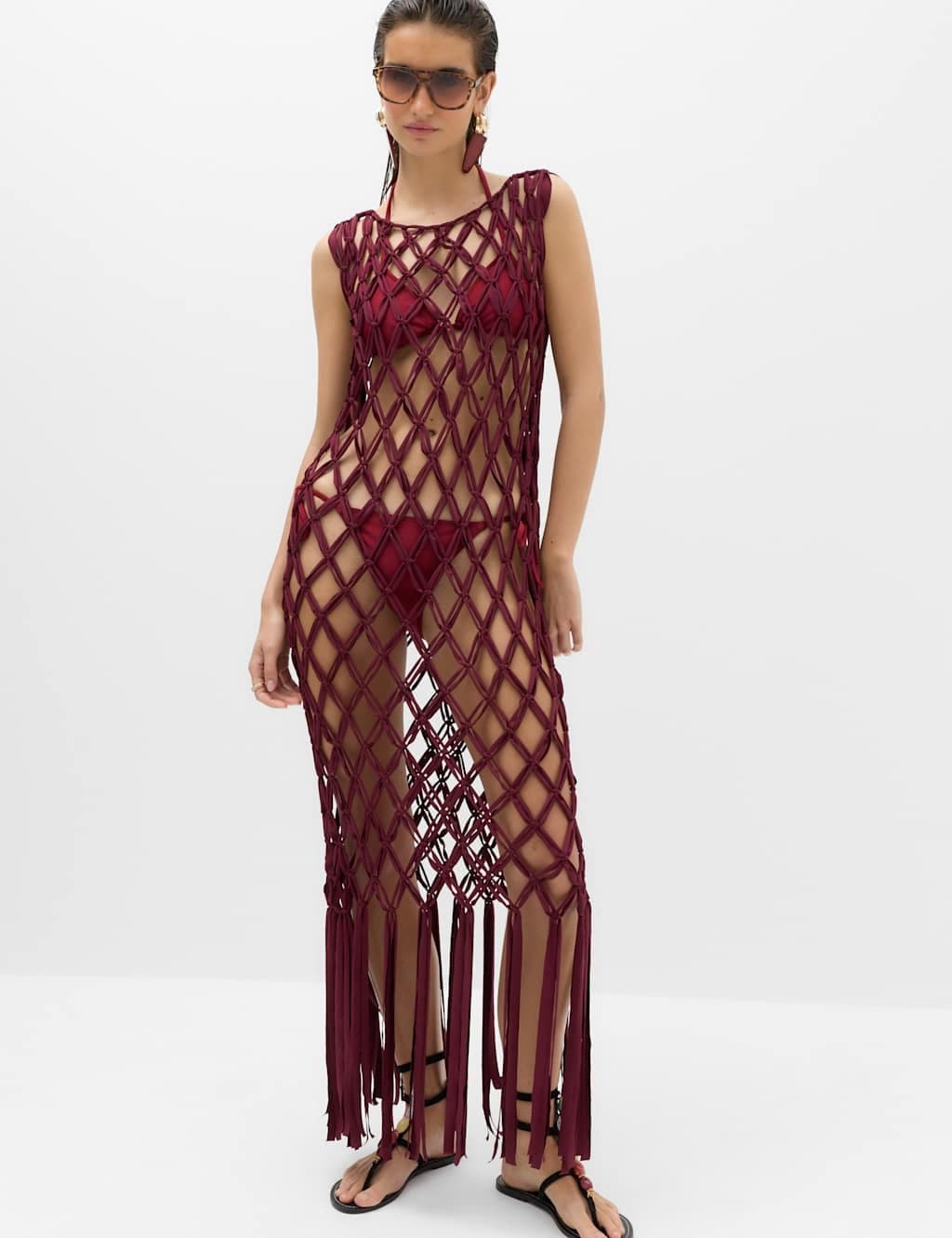 Marks & Spencer M&S Macrame Sheer Maxi Beach Dress Dark Red