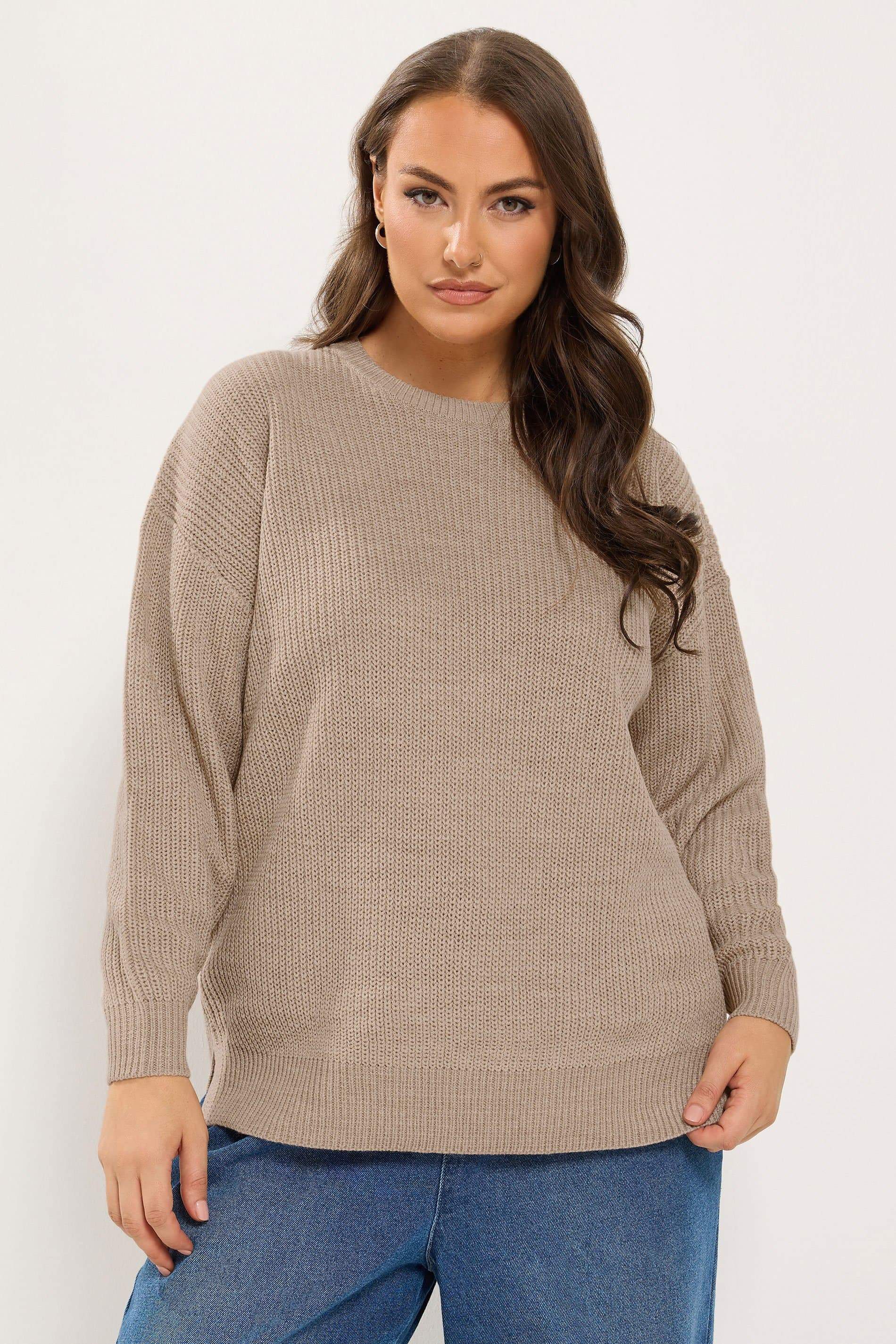 Yours Plus Size Natural Brown Crew Neck Knitted Jumper