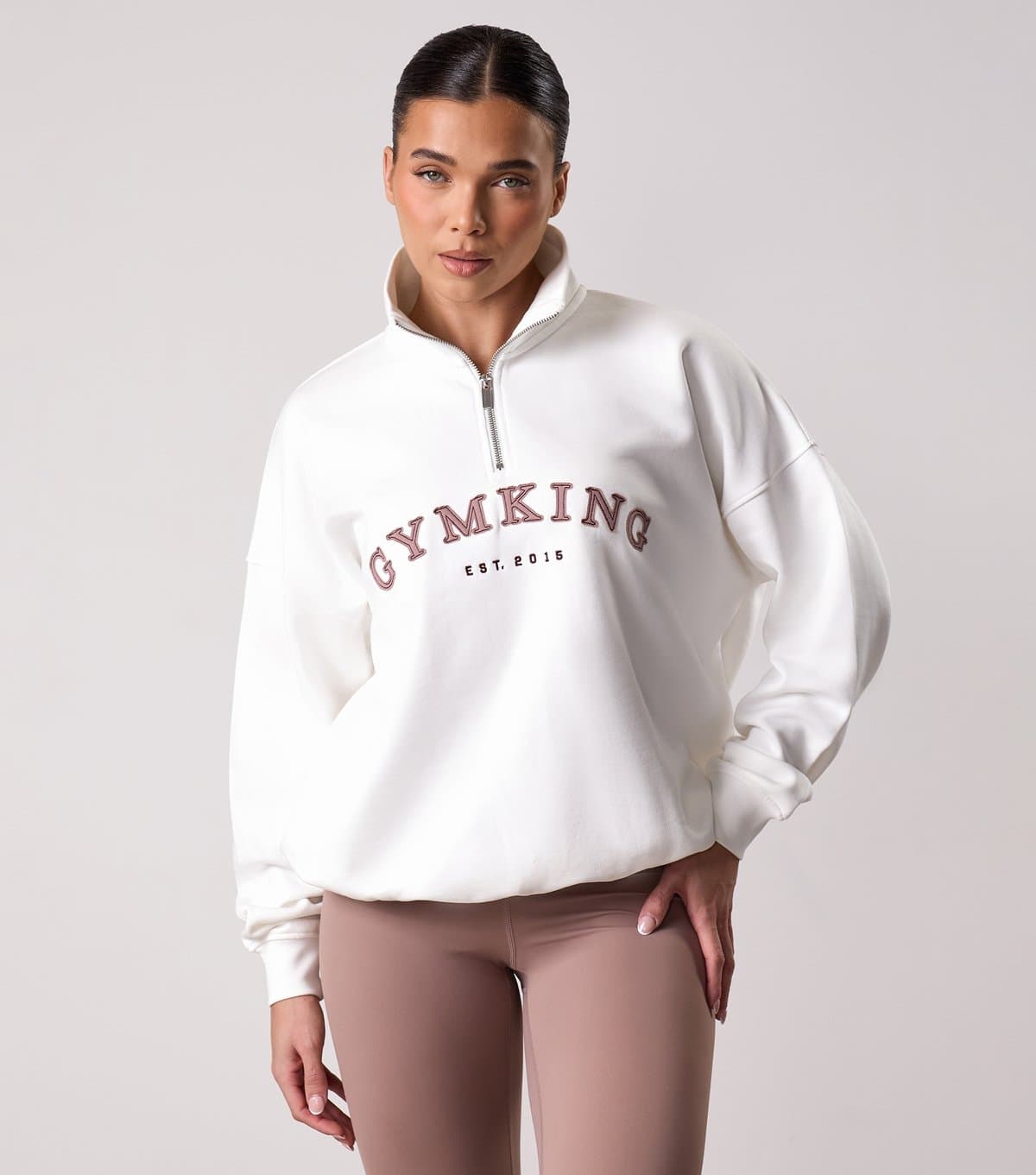 Gym King Women's Cream Compose Logo Appliqued Quarter Zip Sweatshirt Gym King New Look