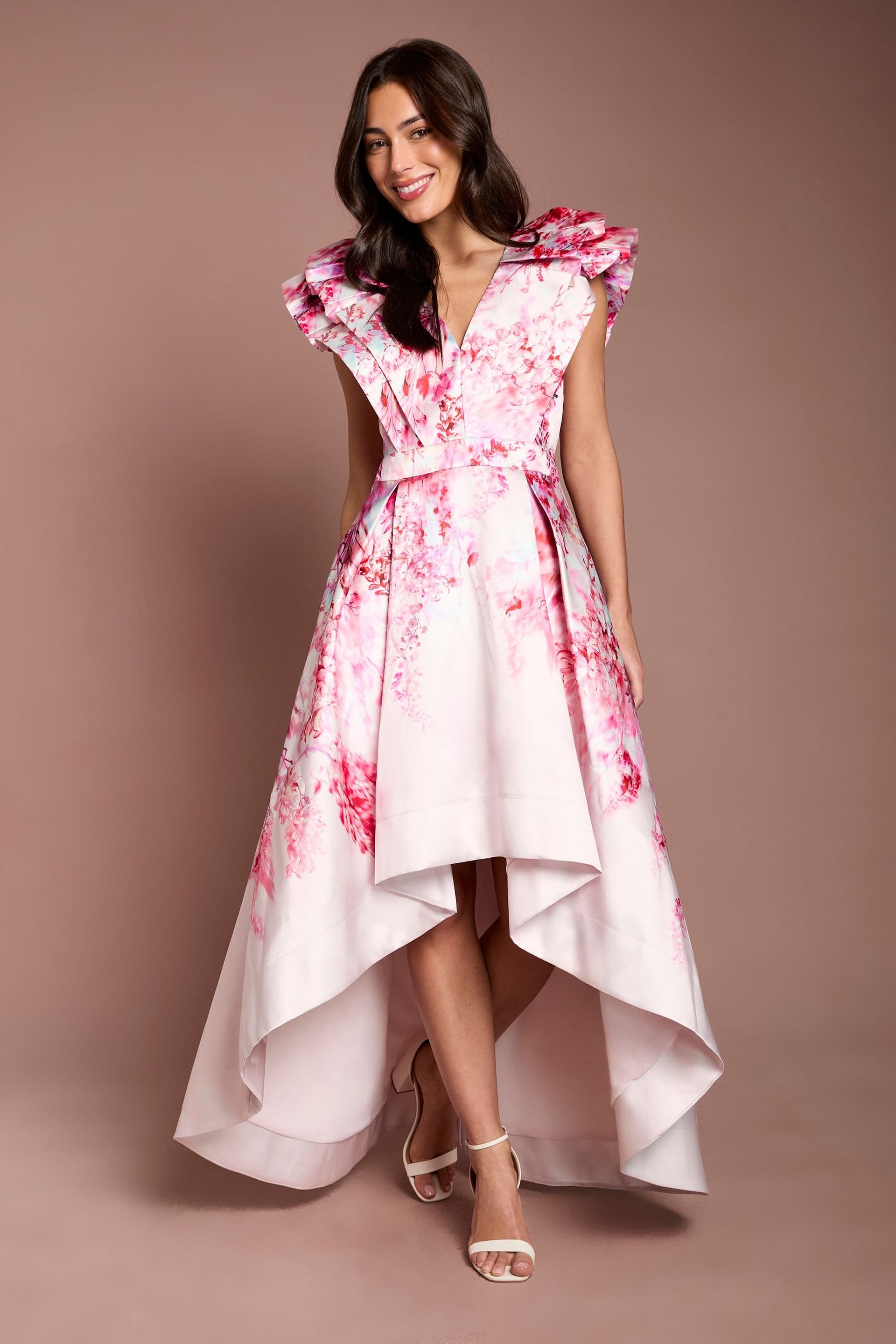 Coast Coast Women's Printed Frill Sleeve V Neck Midi Dress in Pink
