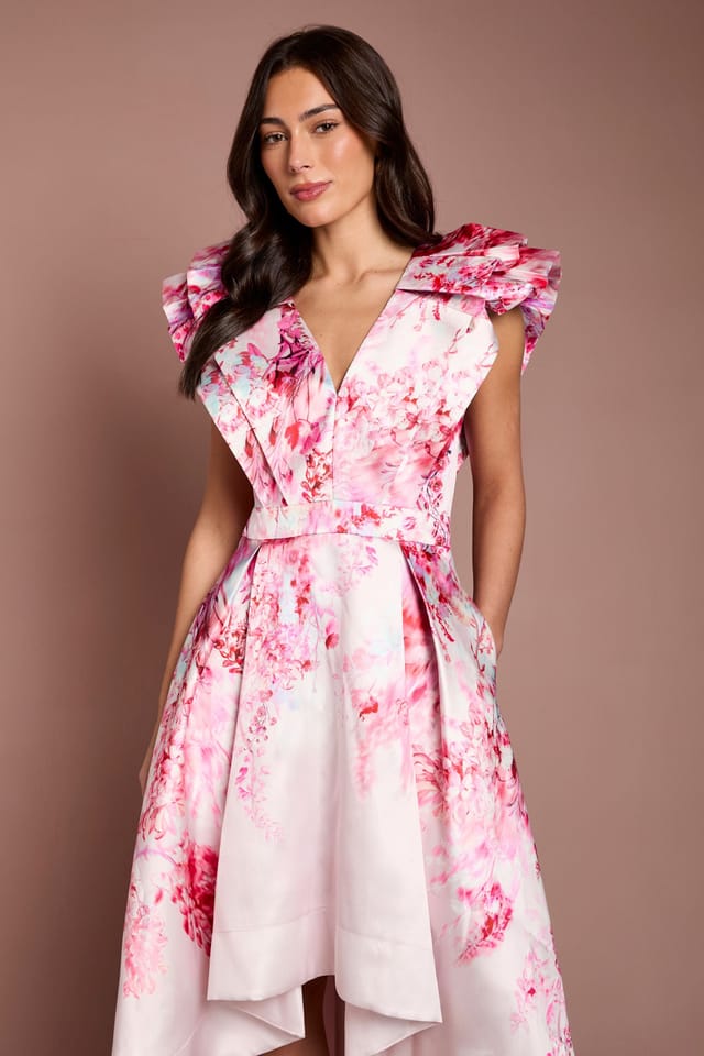 Coast Coast Women's Printed Frill Sleeve V Neck Midi Dress in Pink - 2