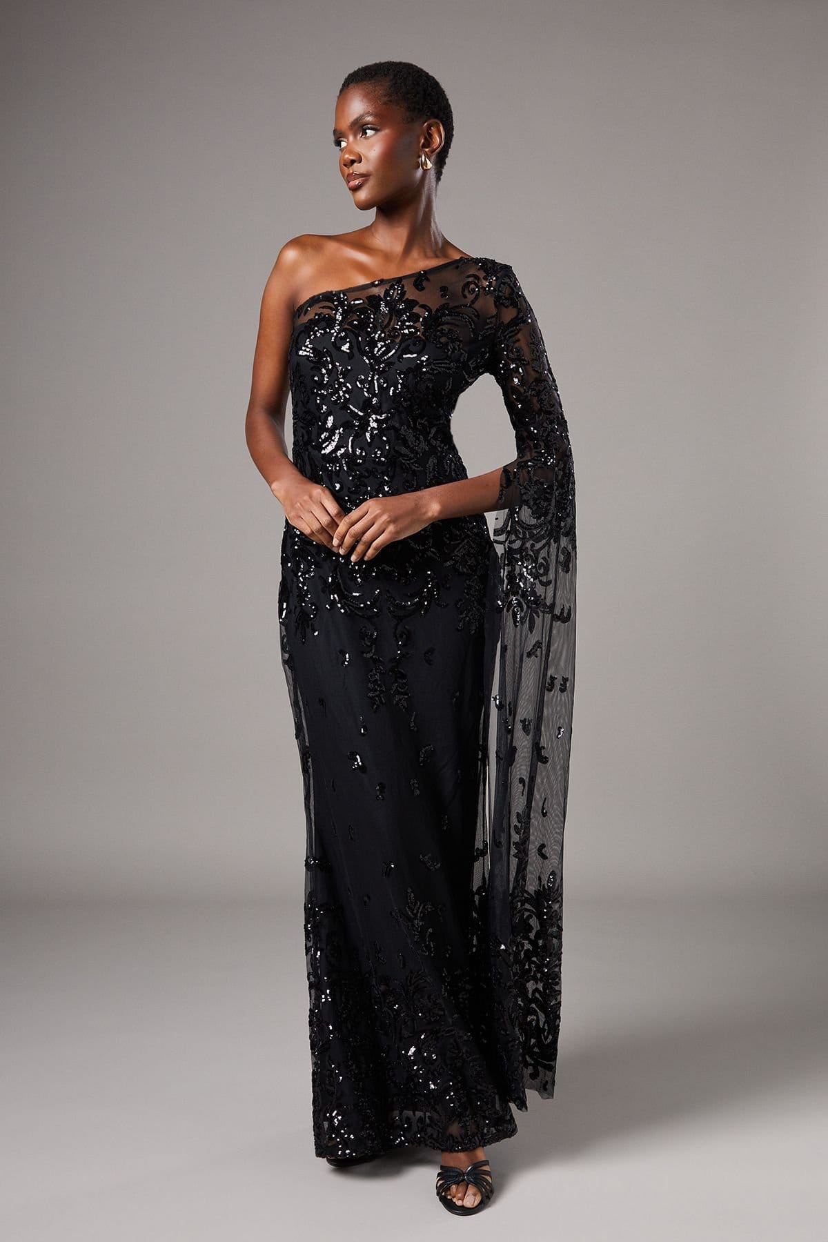 Coast Coast Women's One Shoulder Maxi Dress In Lace With Cape Sleeve in Black - 1