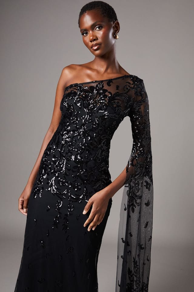 Coast Coast Women's One Shoulder Maxi Dress In Lace With Cape Sleeve in Black - 2