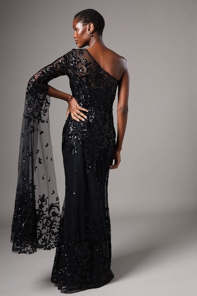 Coast Coast Women's One Shoulder Maxi Dress In Lace With Cape Sleeve in Black - 3