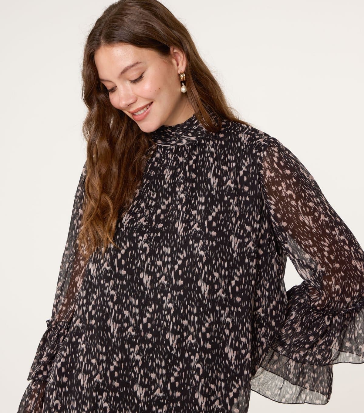 Blue Vanilla Women's Black Abstract Print Frill Sleeve Blouse Blue Vanilla New Look