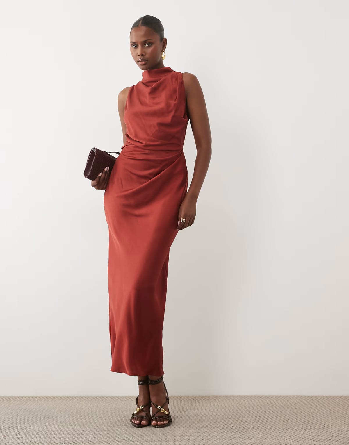 ASOS ASOS DESIGN pleated gathered bodice satin maxi dress with high neck in terracotta - 1