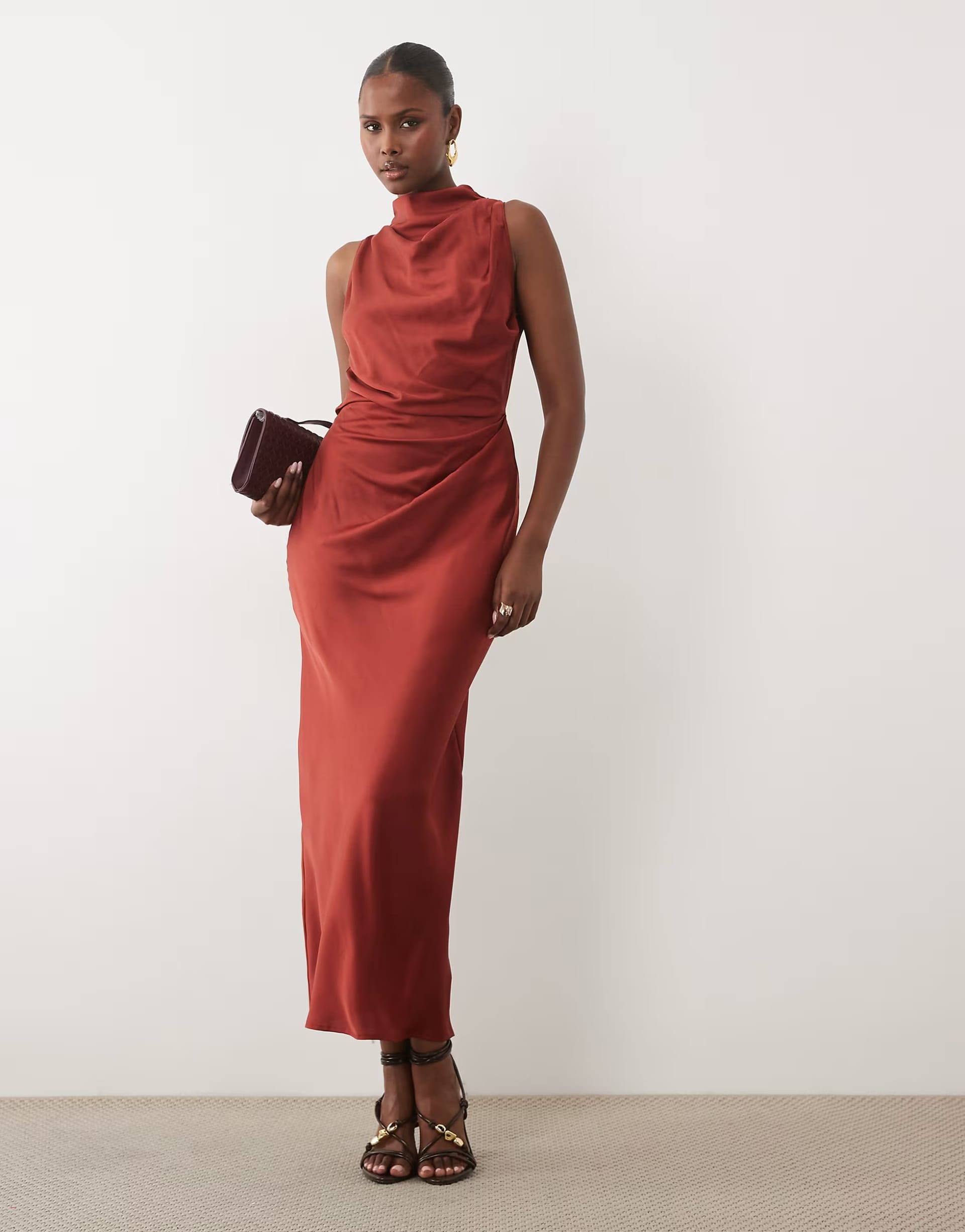 ASOS DESIGN Terracotta Satin High Neck Pleated Maxi Dress