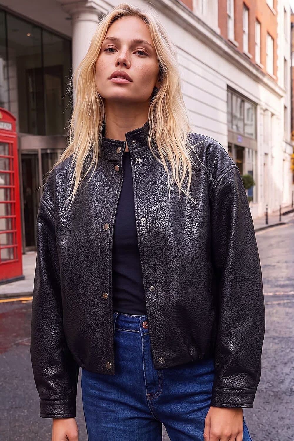 Dusk Dusk Women's Funnel Neck Faux Leather Jacket in Black