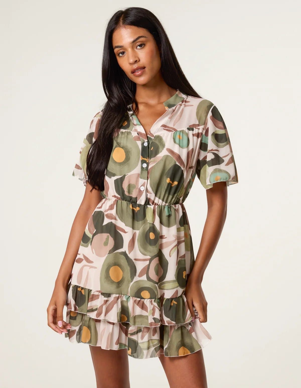 Blue Vanilla Printed Button Up Tiered Short Sleeve Dress
