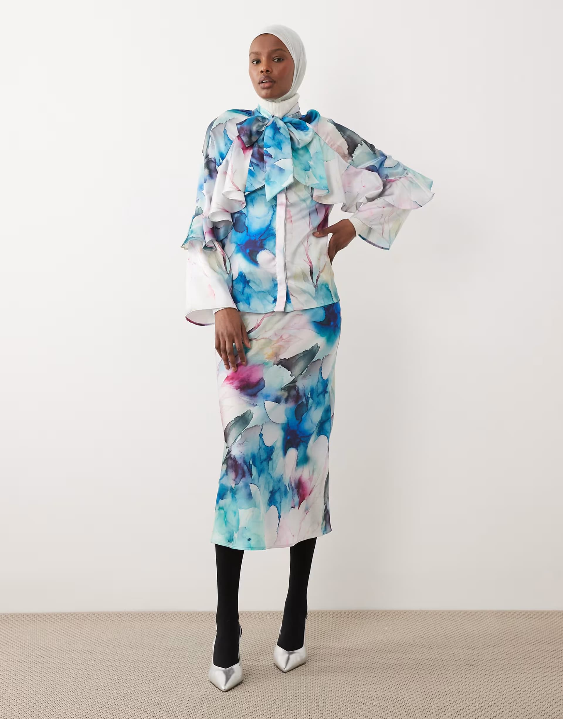 ASOS IYAL satin maxi skirt co-ord in watercolour floral print