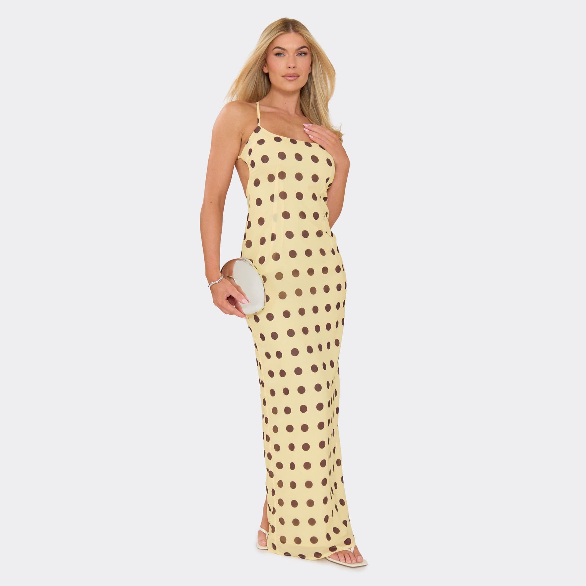 EGO Strappy Maxi Dress In Lemon Polka Dot, Women's Size UK 6