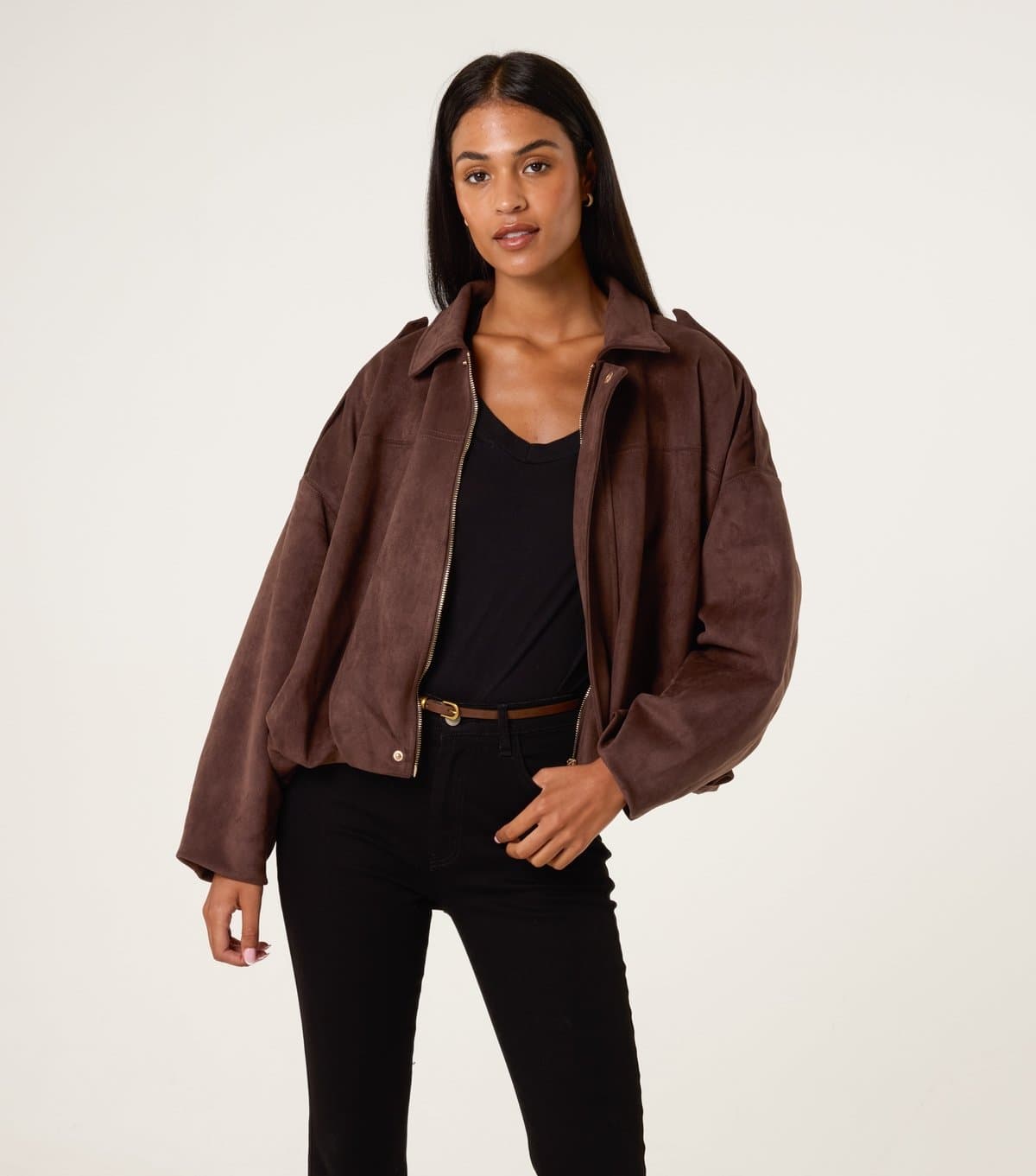 Blue Vanilla Women's Dark Brown Faux Suede Puffball Hem Jacket Blue Vanilla New Look