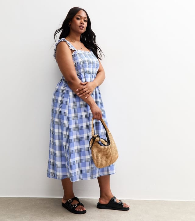 New Look Women's Plus Size Blue Check Shirred Frill Sleeve Midi Dress Curves New Look - 3