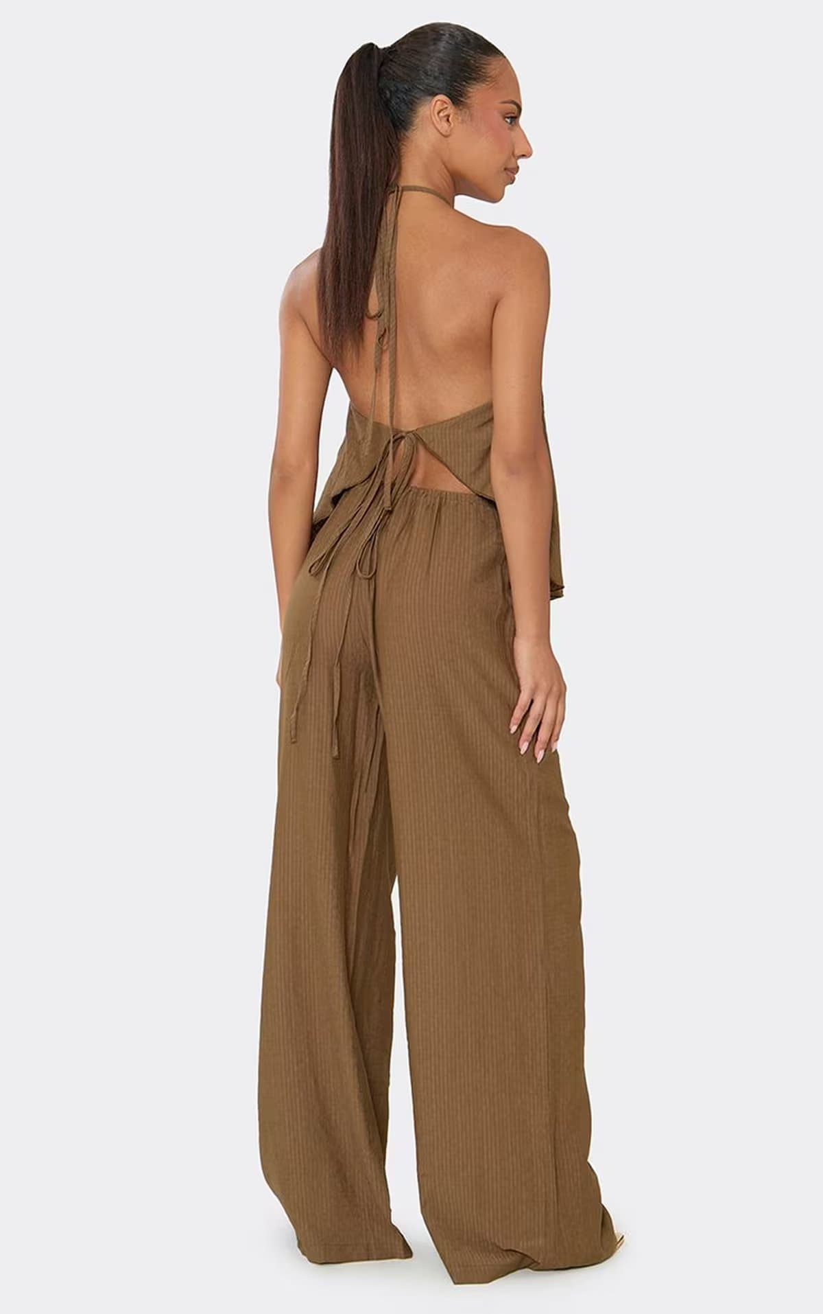EGO EGO Chocolate Brown Textured Linen Wide Leg Trousers