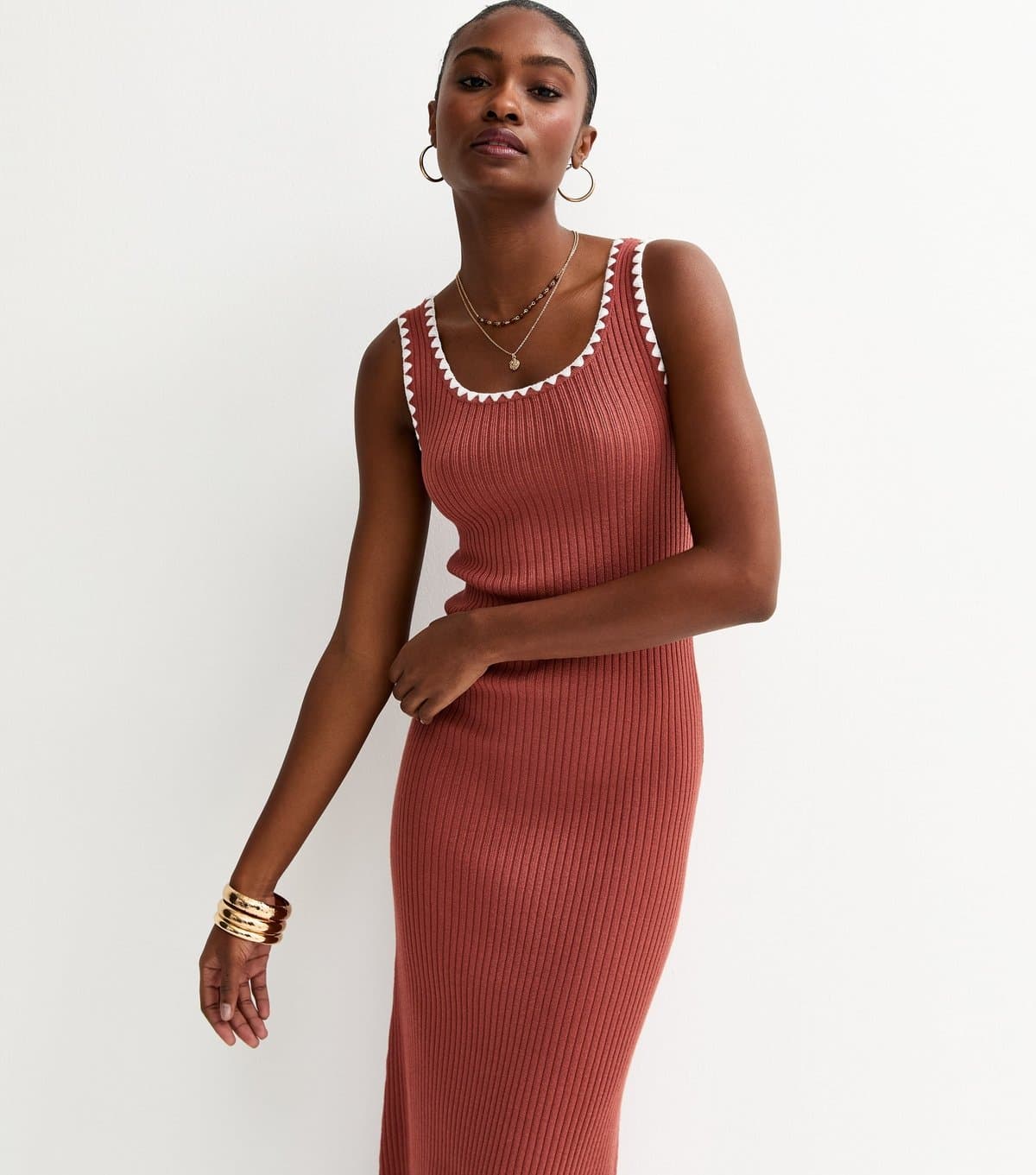 New Look Women's Dark Brown Ribbed Knit Tipped Maxi Dress New Look