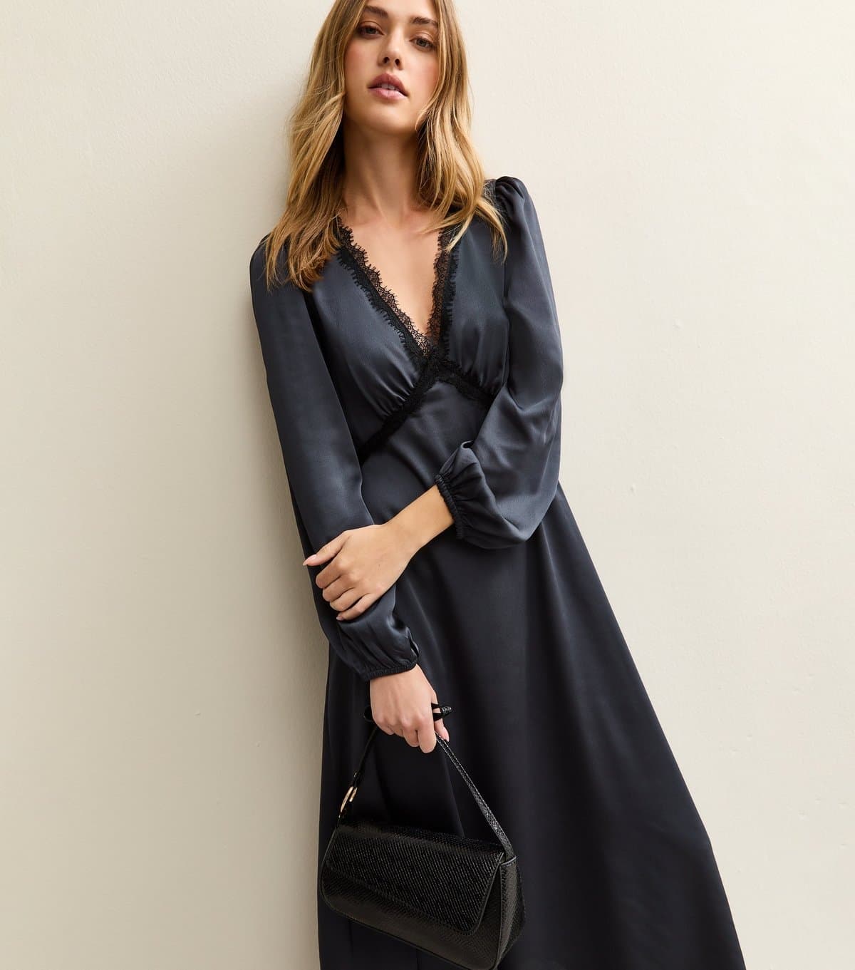 New Look Women's Navy Satin Lace Trim Midi Dress New Look