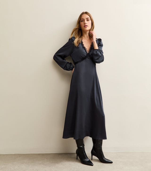 New Look Women's Navy Satin Lace Trim Midi Dress New Look - 3